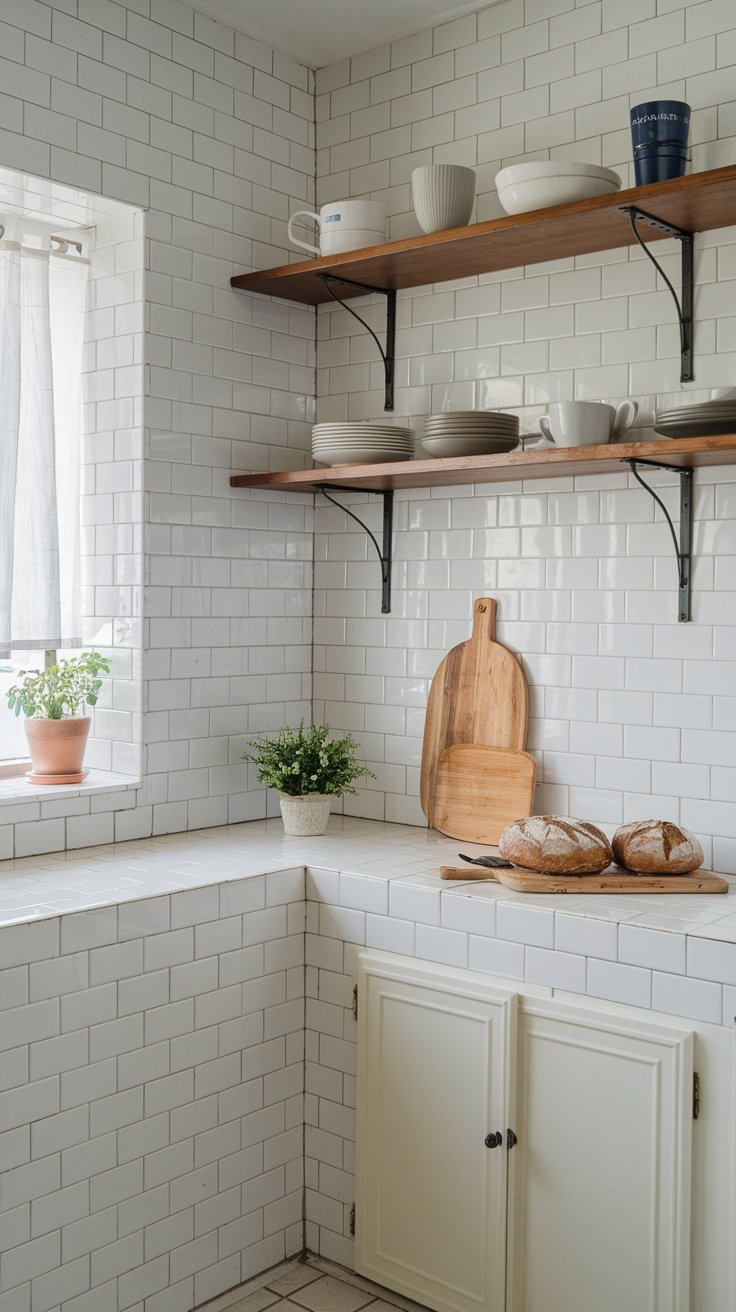 A kitchen with white subway tile walls, wooden open shelves holding plates and cups, and a small potted plant. Below, a countertop has a cutting board and fresh bread. A kitchen with white subway tile walls, wooden open shelves holding plates and cups, and a small potted plant. Below, a countertop has a cutting board and fresh bread.