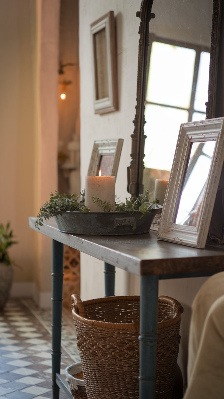 A console table styled with a vintage mirror, a galvanized metal tray holding a candle and greenery, and weathered picture frames. A console table styled with a vintage mirror, a galvanized metal tray holding a candle and greenery, and weathered picture frames.