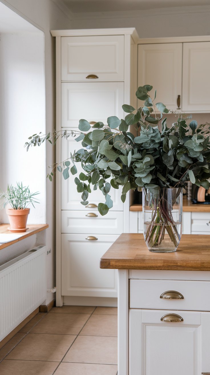 A kitchen with white cabinets, a wooden island, and a vase filled with eucalyptus stems on the counter. Nearby, a small potted plant sits on the windowsill. A kitchen with white cabinets, a wooden island, and a vase filled with eucalyptus stems on the counter. Nearby, a small potted plant sits on the windowsill.