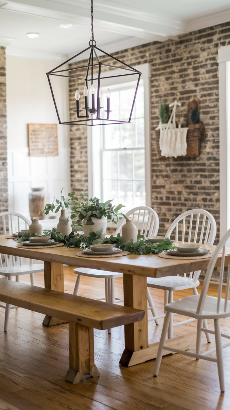 A dining area with a wooden farmhouse table and a black metal chandelier above it. The table is set with neutral plates and fresh greenery. A dining area with a wooden farmhouse table and a black metal chandelier above it. The table is set with neutral plates and fresh greenery.