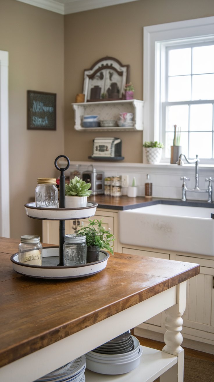 A farmhouse kitchen with an apron-front sink, a wooden island, and a tiered tray holding mason jars and small plants. A farmhouse kitchen with an apron-front sink, a wooden island, and a tiered tray holding mason jars and small plants.