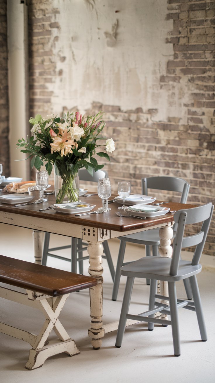 A dining area with a distressed wood farmhouse table, matching chairs, and a bench on one side. A vase with fresh flowers serves as the centerpiece. A dining area with a distressed wood farmhouse table, matching chairs, and a bench on one side. A vase with fresh flowers serves as the centerpiece.