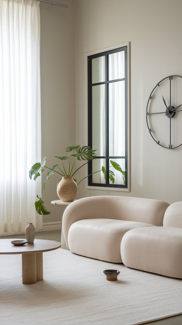A minimalist living room with a soft beige sofa, a large black-framed clock on the wall, and a single potted plant on a side table. A minimalist living room with a soft beige sofa, a large black-framed clock on the wall, and a single potted plant on a side table.