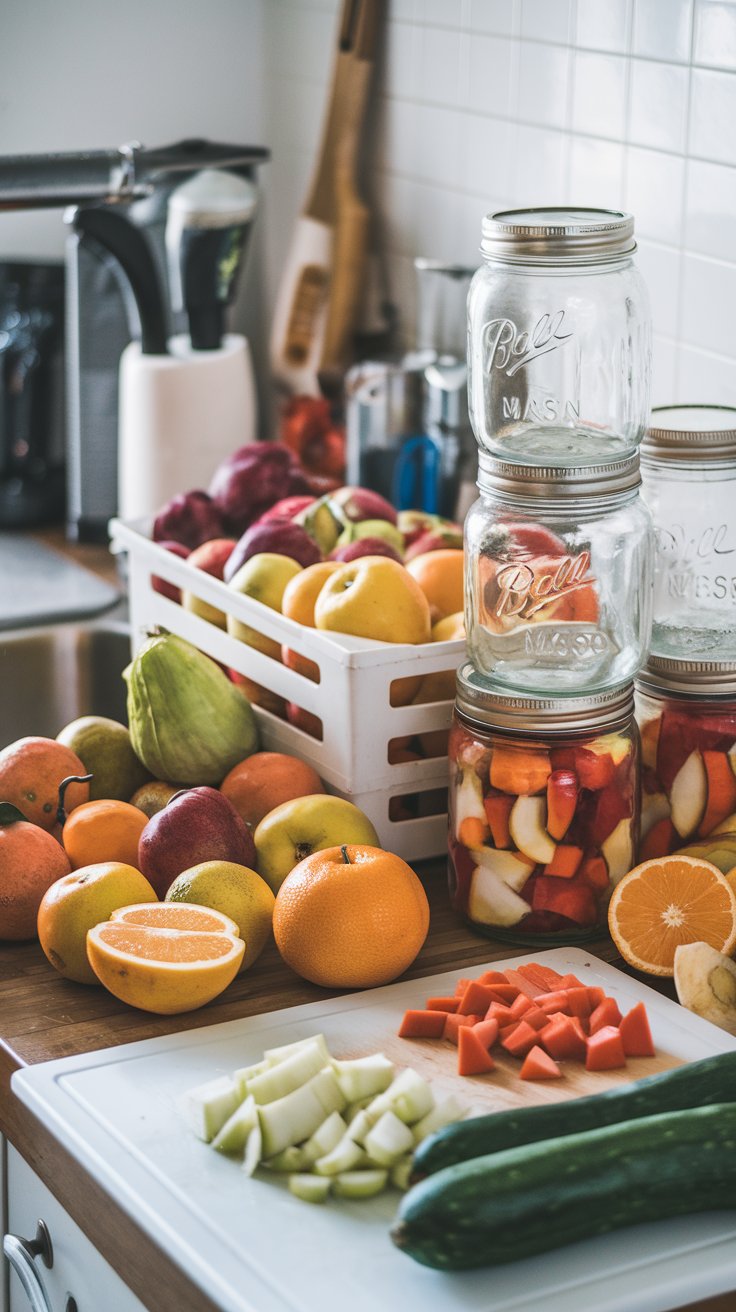 A neatly organized kitchen counter with washed fruits and vegetables, and a stack of clean mason jars ready to be filled. A cutting board with chopped produce sits nearby. A neatly organized kitchen counter with washed fruits and vegetables, and a stack of clean mason jars ready to be filled. A cutting board with chopped produce sits nearby.