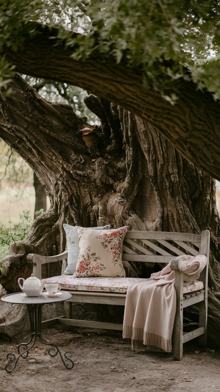 A rustic wooden bench nestled beneath an old oak tree, draped in a floral cushion and throw blanket. A small round table nearby holds a teapot and teacup. A rustic wooden bench nestled beneath an old oak tree, draped in a floral cushion and throw blanket. A small round table nearby holds a teapot and teacup.