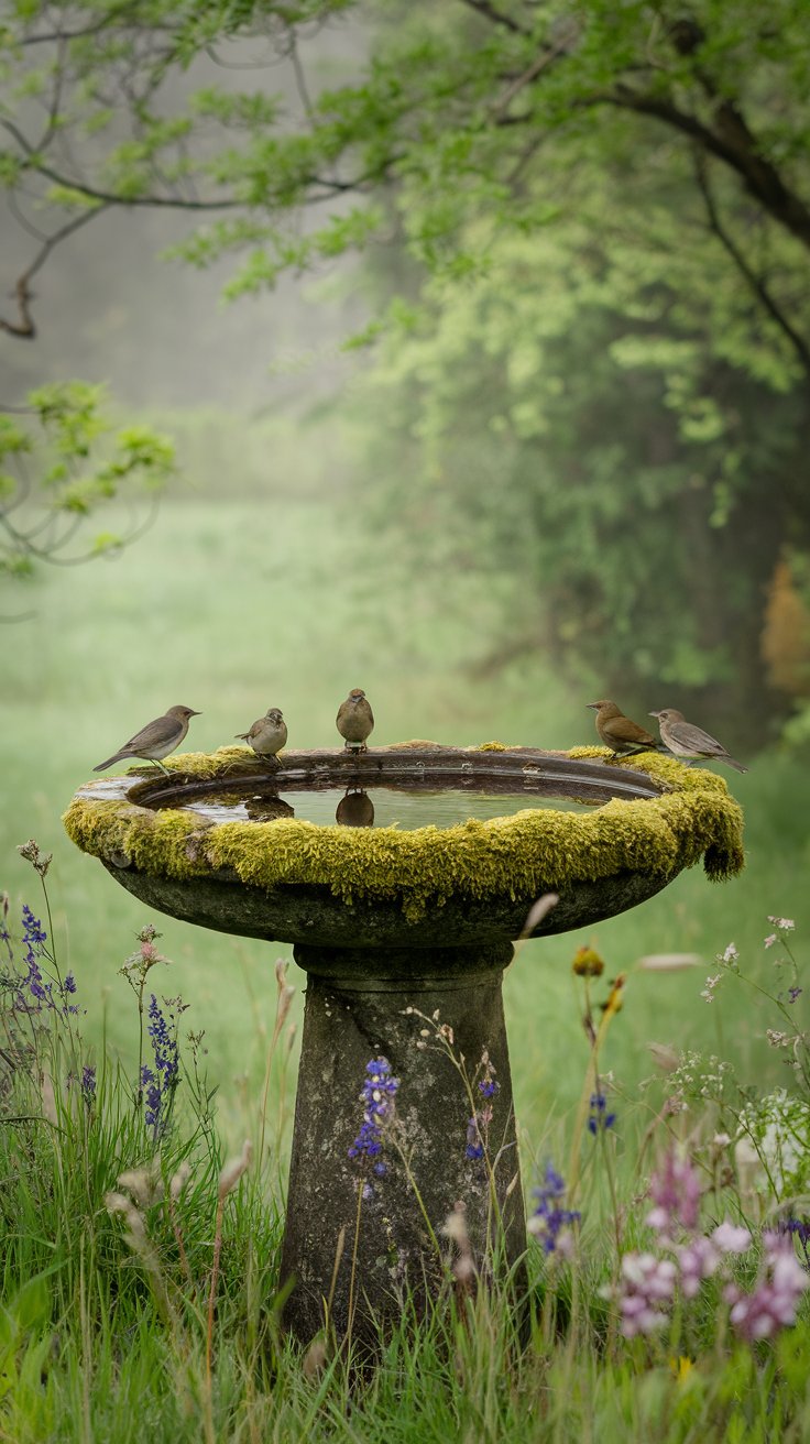 A moss-covered stone birdbath surrounded by blooming wildflowers, with a few birds perched on the edge sipping water. A moss-covered stone birdbath surrounded by blooming wildflowers, with a few birds perched on the edge sipping water.