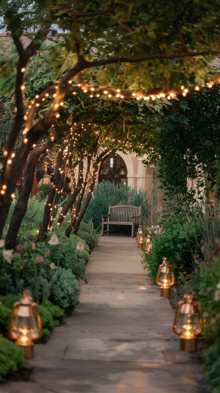 A garden pathway illuminated by twinkling string lights wrapped around tree branches and a few glass lanterns scattered along the edges. A garden pathway illuminated by twinkling string lights wrapped around tree branches and a few glass lanterns scattered along the edges.