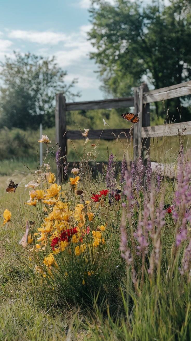 A sunlit patch of wildflowers in shades of yellow, red, and purple, with butterflies fluttering around and a weathered wooden fence in the background. A sunlit patch of wildflowers in shades of yellow, red, and purple, with butterflies fluttering around and a weathered wooden fence in the background.