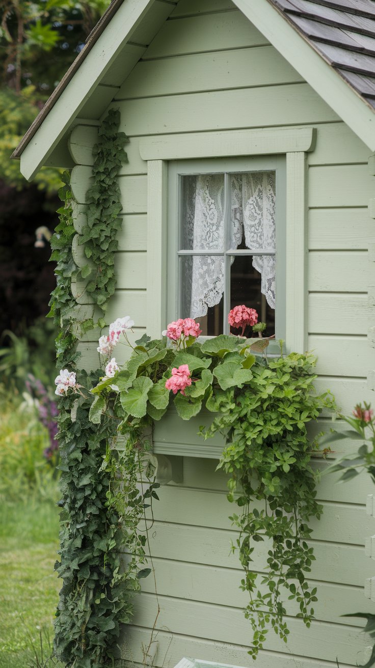 A quaint wooden potting shed painted soft sage green, with a tiny window framed by white lace curtains and a window box overflowing with trailing ivy and geraniums. A quaint wooden potting shed painted soft sage green, with a tiny window framed by white lace curtains and a window box overflowing with trailing ivy and geraniums.