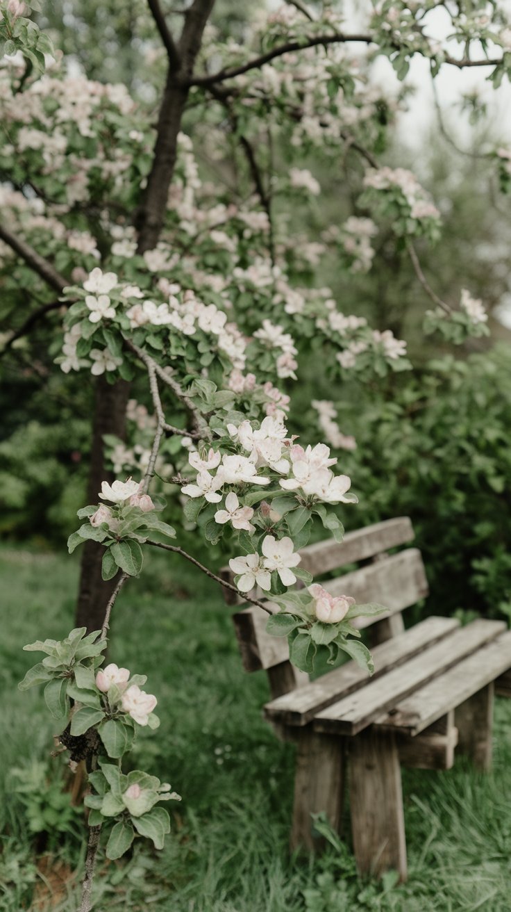A small apple tree in full bloom, its branches heavy with delicate white flowers, with a rustic wooden bench nearby. A small apple tree in full bloom, its branches heavy with delicate white flowers, with a rustic wooden bench nearby.