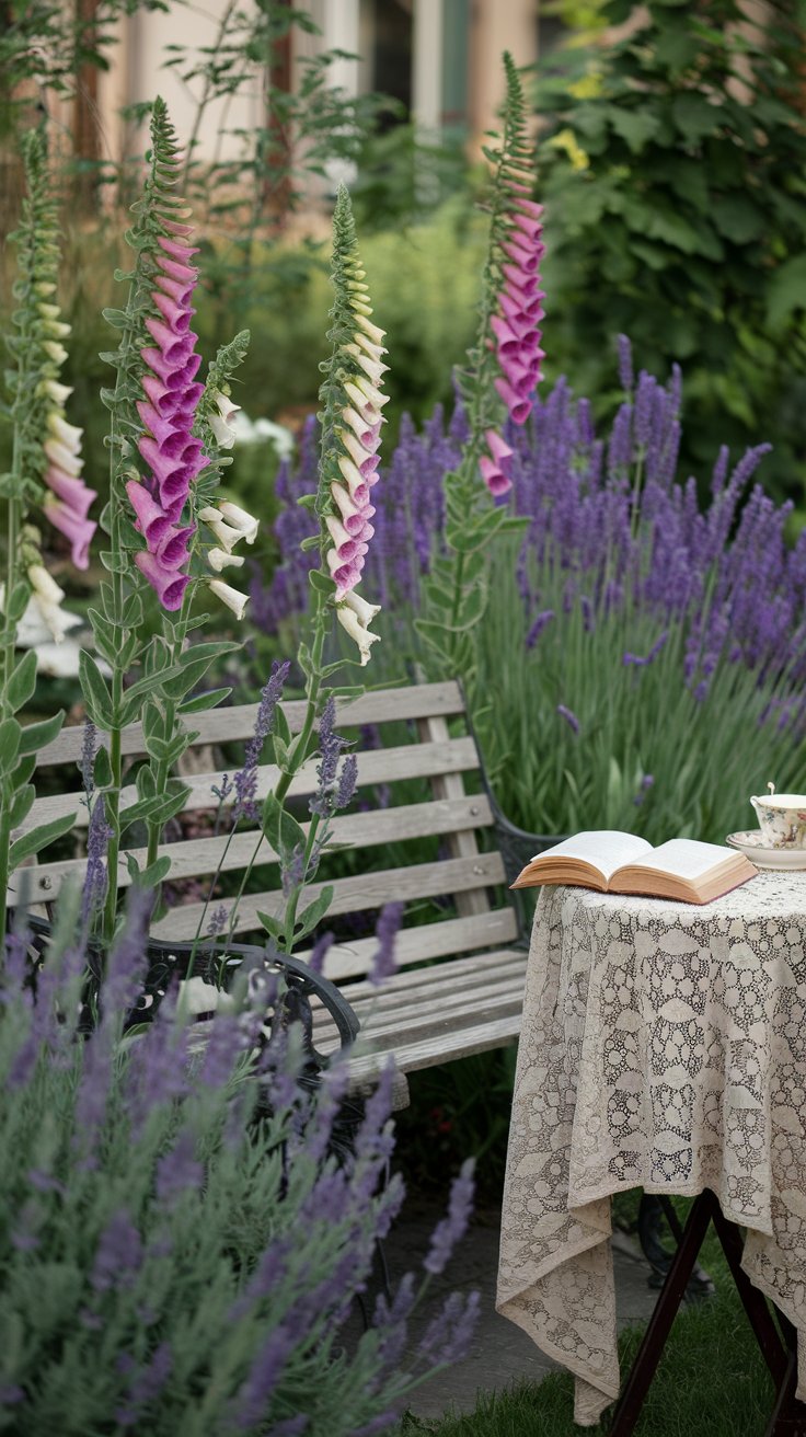 A hidden wooden bench nestled behind tall foxgloves and lavender, with a lace-draped table nearby holding a book and a teacup. A hidden wooden bench nestled behind tall foxgloves and lavender, with a lace-draped table nearby holding a book and a teacup.