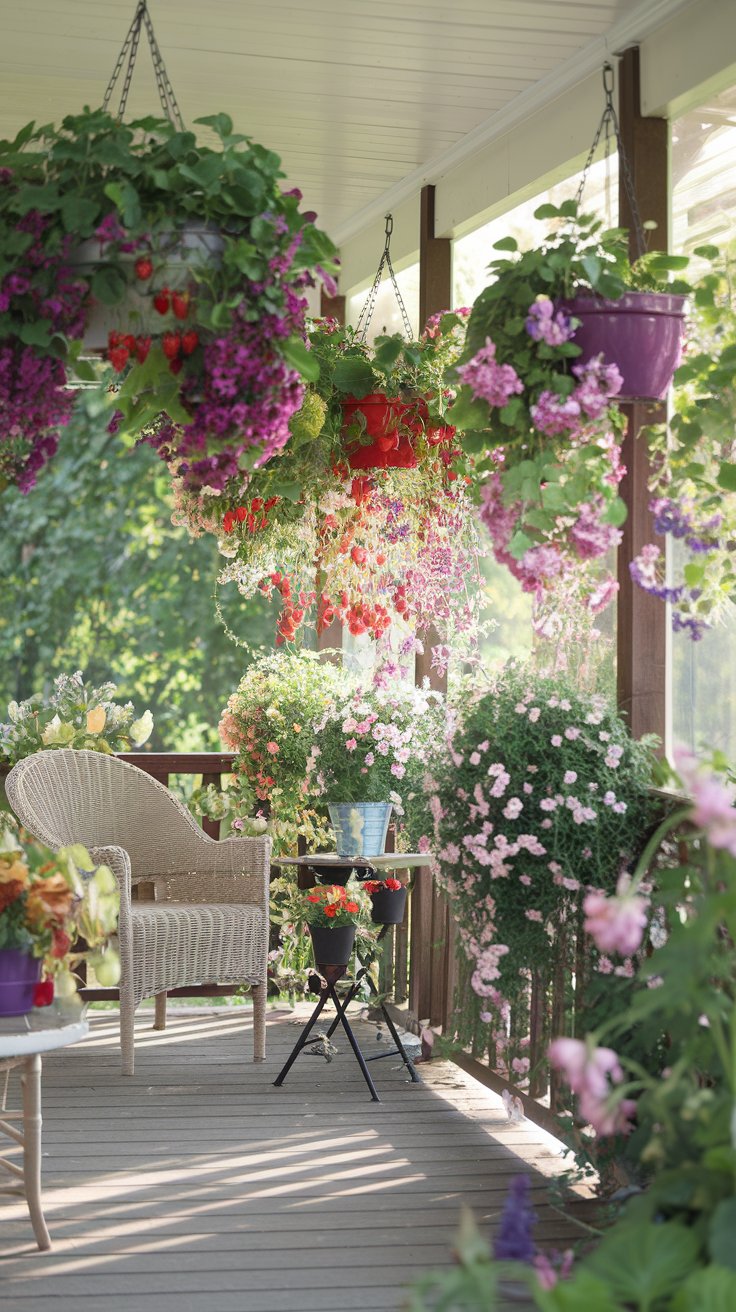 A cozy porch with colorful hanging baskets full of strawberries, tomatoes, and cascading flowers. Soft sunlight filters through the plants, creating a lush, inviting space. A cozy porch with colorful hanging baskets full of strawberries, tomatoes, and cascading flowers. Soft sunlight filters through the plants, creating a lush, inviting space.