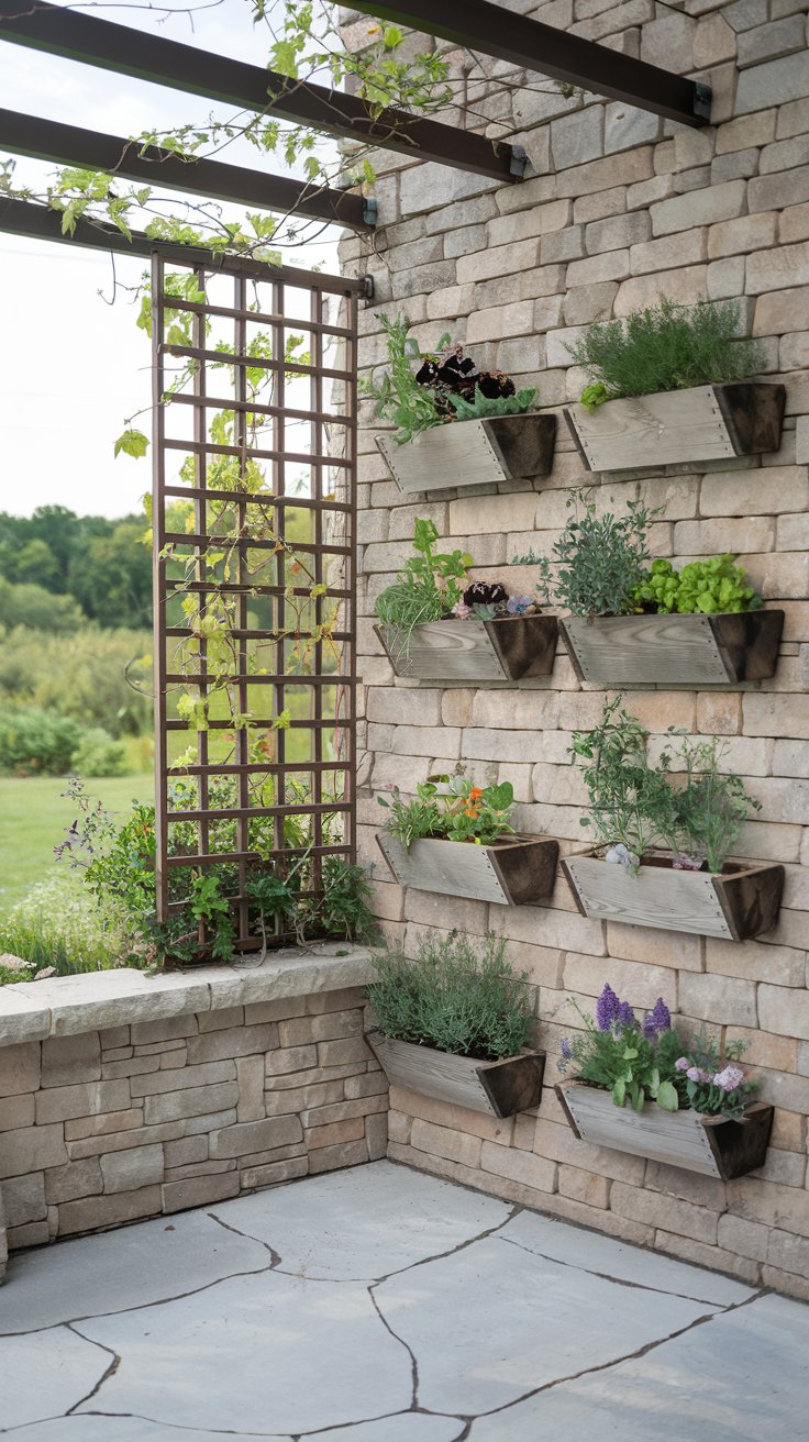 A stylish patio wall covered with mounted wooden planters filled with herbs, flowers, and small vegetables. A trellis with climbing vines adds texture and color. A stylish patio wall covered with mounted wooden planters filled with herbs, flowers, and small vegetables. A trellis with climbing vines adds texture and color.