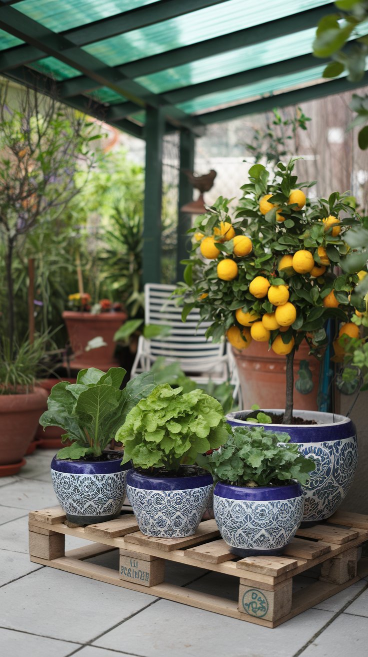 A small patio with neatly arranged compact vegetable plants in decorative pots. A dwarf citrus tree sits in the corner, bursting with bright yellow lemons. A small patio with neatly arranged compact vegetable plants in decorative pots. A dwarf citrus tree sits in the corner, bursting with bright yellow lemons.