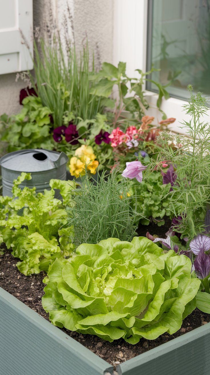 A compact raised bed garden tucked into a sunny corner, filled with vibrant green lettuce, herbs, and colorful flowers. A small watering can rests nearby. A compact raised bed garden tucked into a sunny corner, filled with vibrant green lettuce, herbs, and colorful flowers. A small watering can rests nearby.