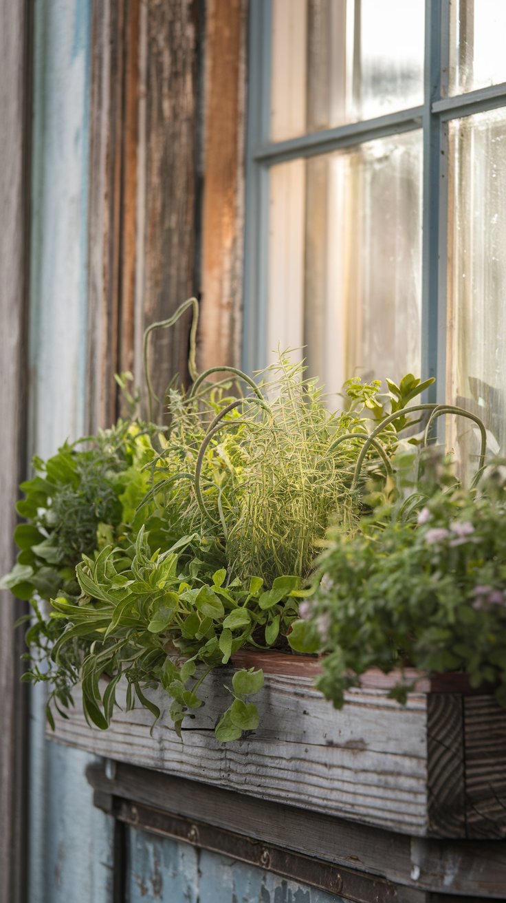 A charming window box overflowing with lush green herbs, set against a rustic wooden window frame with soft sunlight streaming through. A charming window box overflowing with lush green herbs, set against a rustic wooden window frame with soft sunlight streaming through.