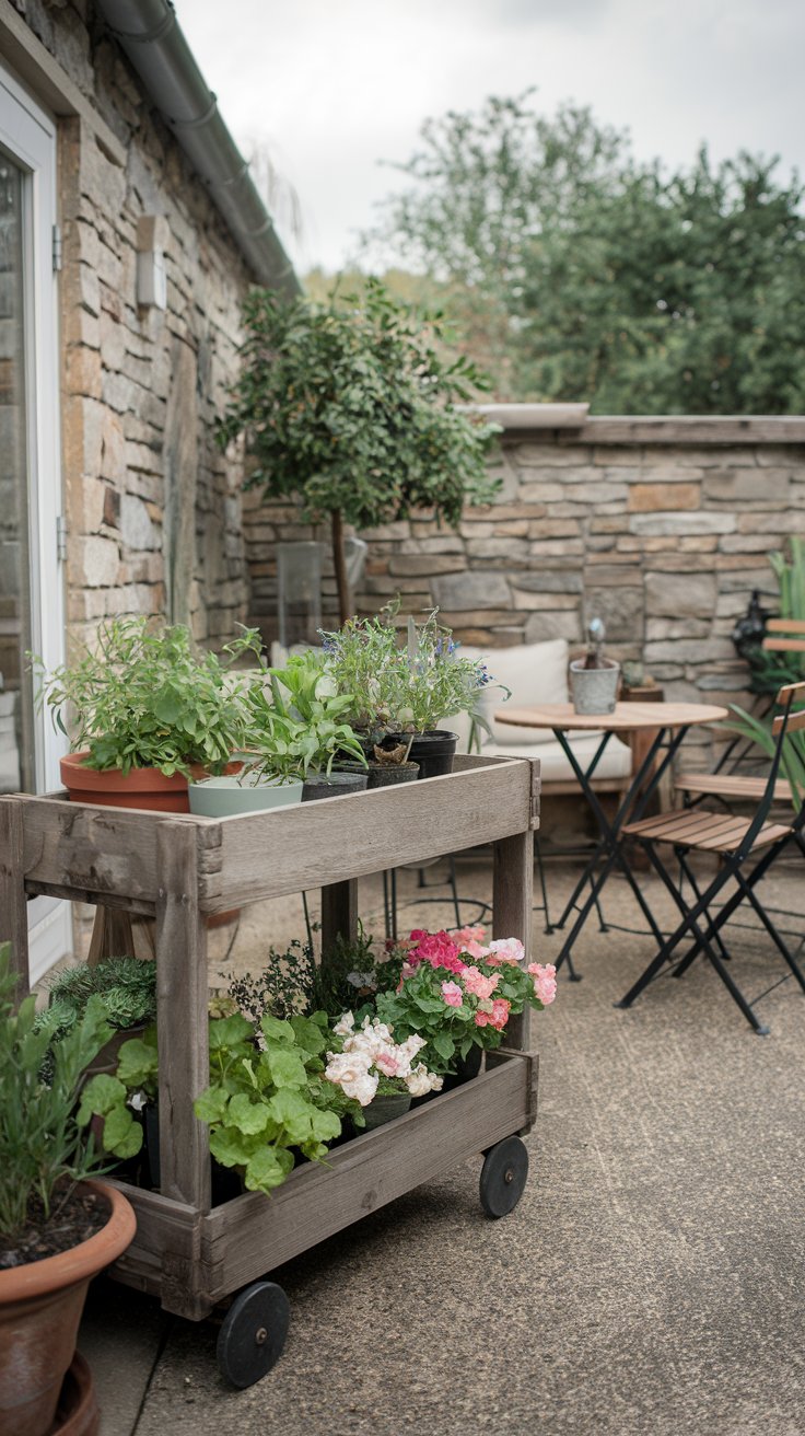 A rustic wooden plant cart filled with potted herbs and flowers, positioned on a small patio with a cozy seating area in the background. A rustic wooden plant cart filled with potted herbs and flowers, positioned on a small patio with a cozy seating area in the background.