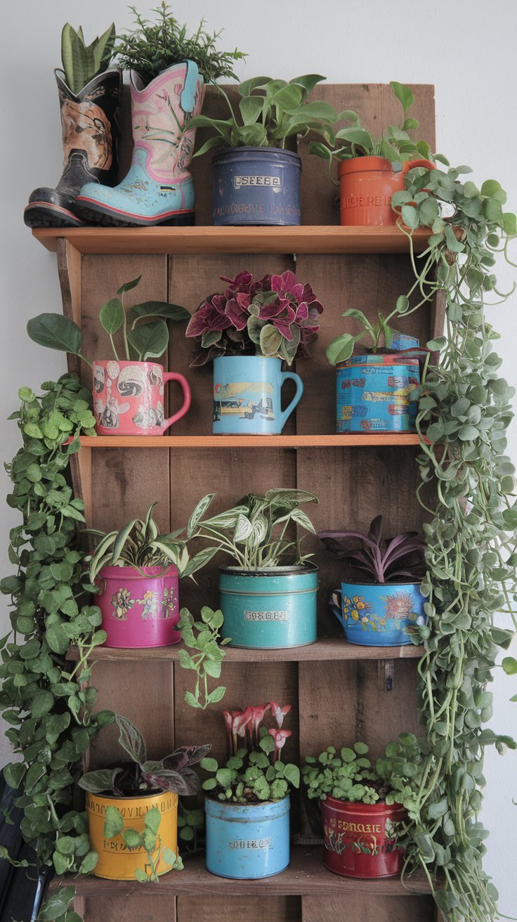 A whimsical collection of plants growing in colorful repurposed containers like boots, mugs, and vintage tins, arranged on a wooden shelf. A whimsical collection of plants growing in colorful repurposed containers like boots, mugs, and vintage tins, arranged on a wooden shelf.