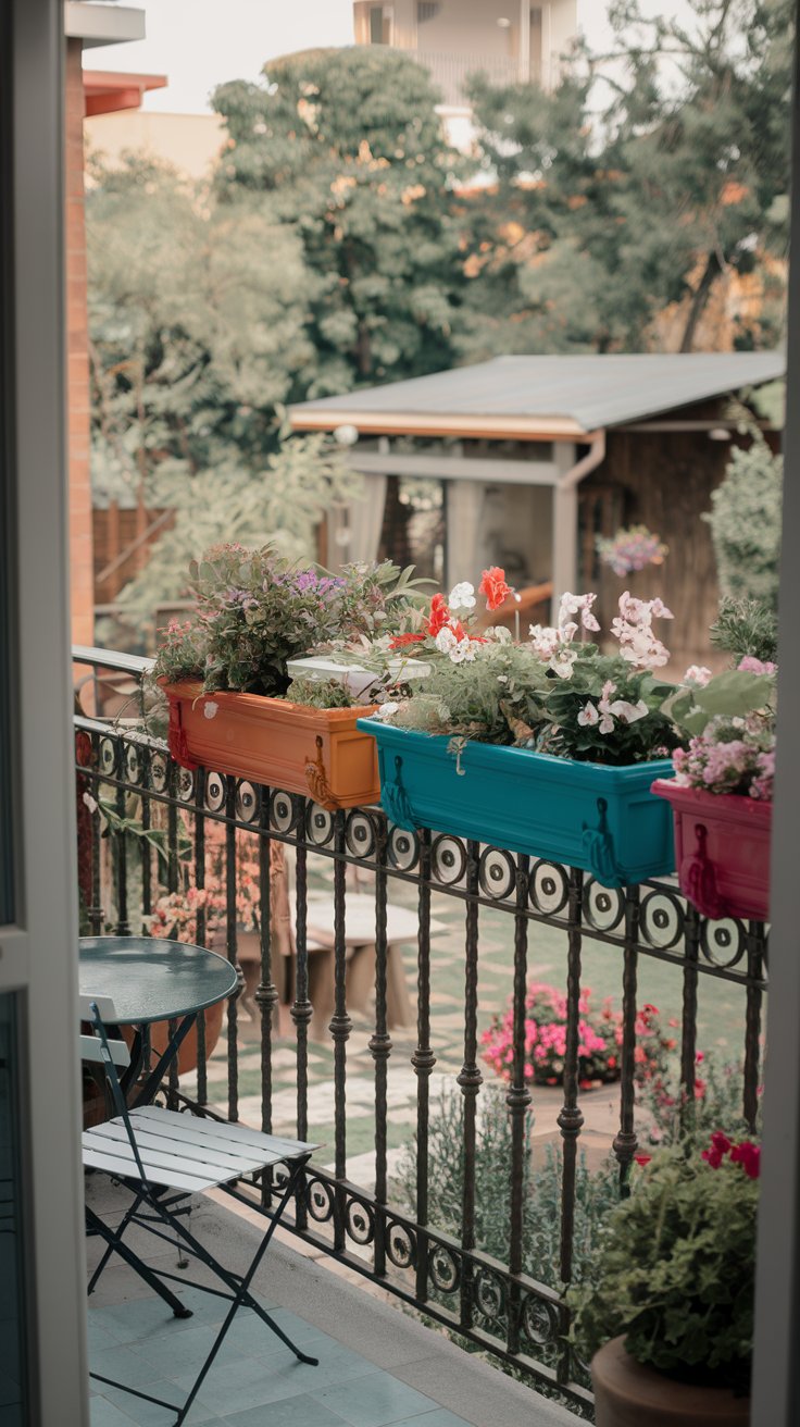 A cozy balcony with colorful railing planters overflowing with flowers and greenery, overlooking a city skyline or peaceful backyard. A cozy balcony with colorful railing planters overflowing with flowers and greenery, overlooking a city skyline or peaceful backyard.