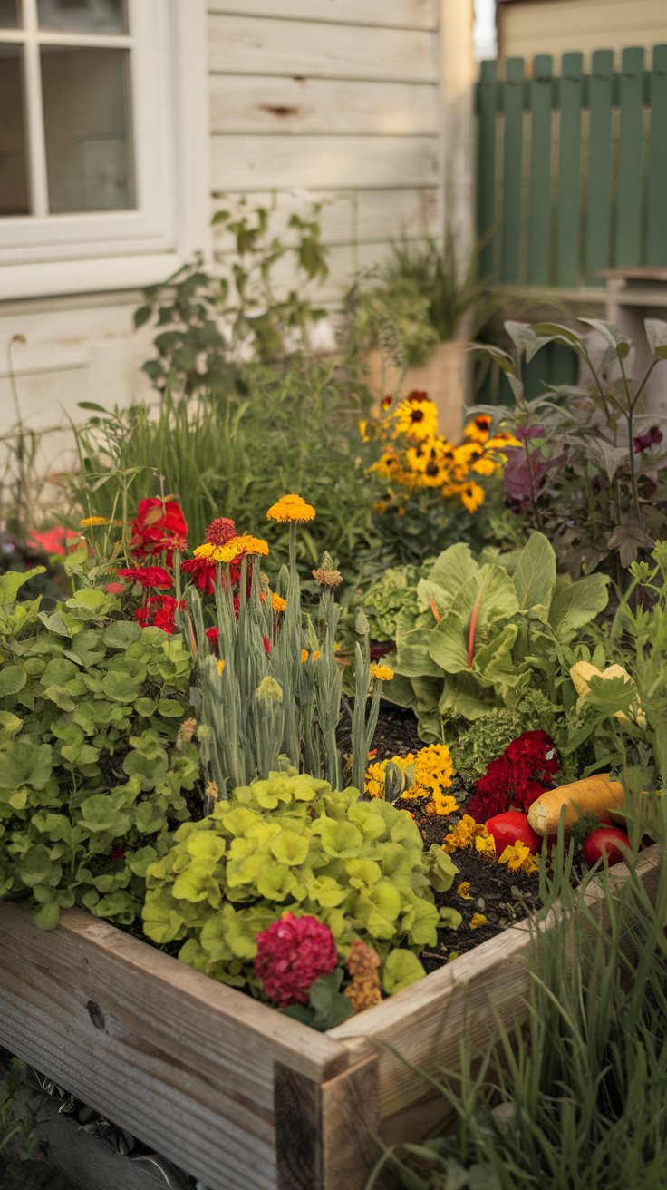 A small raised bed garden overflowing with colorful flowers, herbs, and vegetables, creating a balanced and beautiful space. A small raised bed garden overflowing with colorful flowers, herbs, and vegetables, creating a balanced and beautiful space.