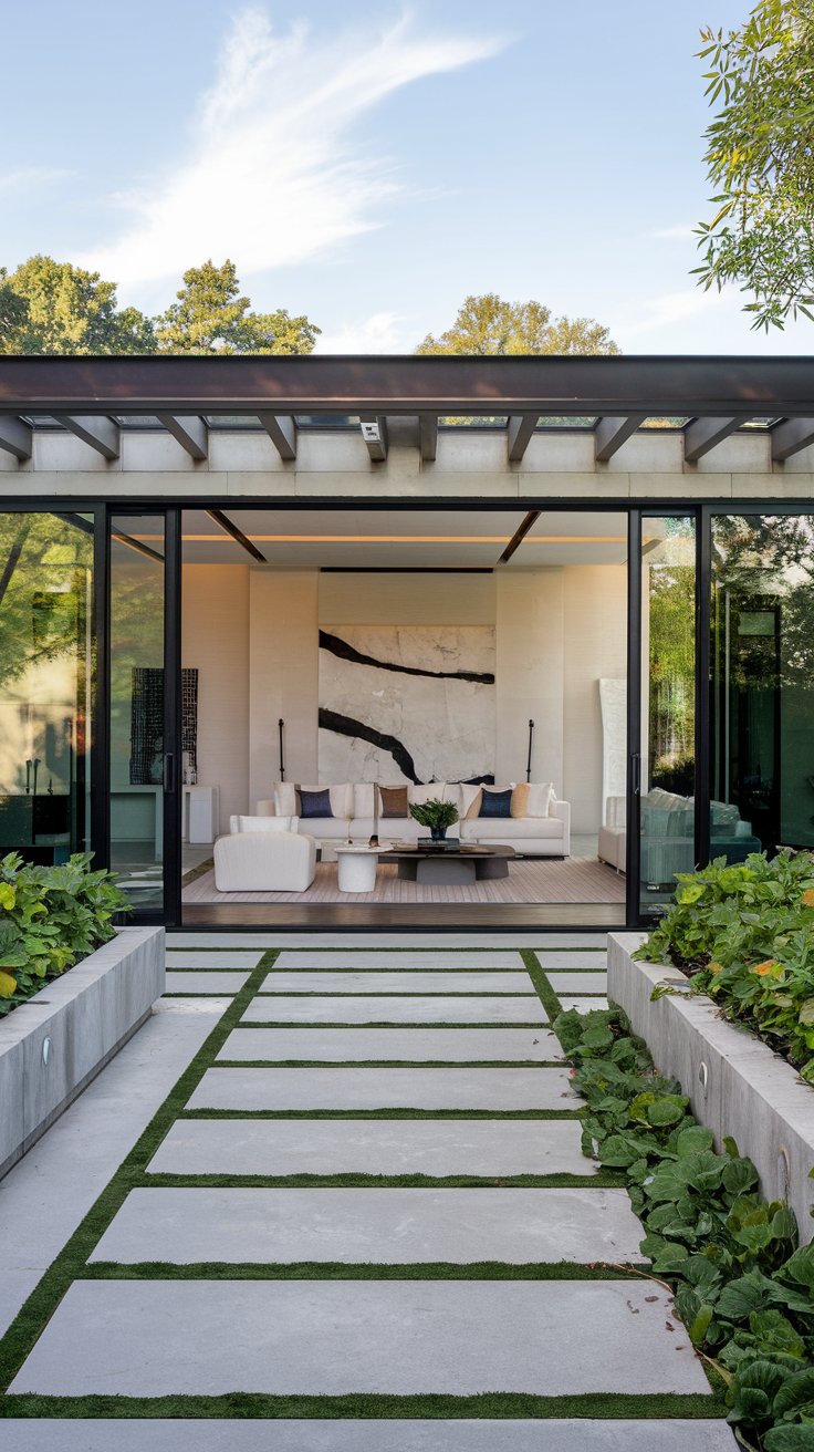 A stylish patio with a large glass sliding door opening into a sleek living room, with matching stone flooring inside and out. The patio features a modern pergola, minimalist seating, and lush greenery in concrete planters. A stylish patio with a large glass sliding door opening into a sleek living room, with matching stone flooring inside and out. The patio features a modern pergola, minimalist seating, and lush greenery in concrete planters.