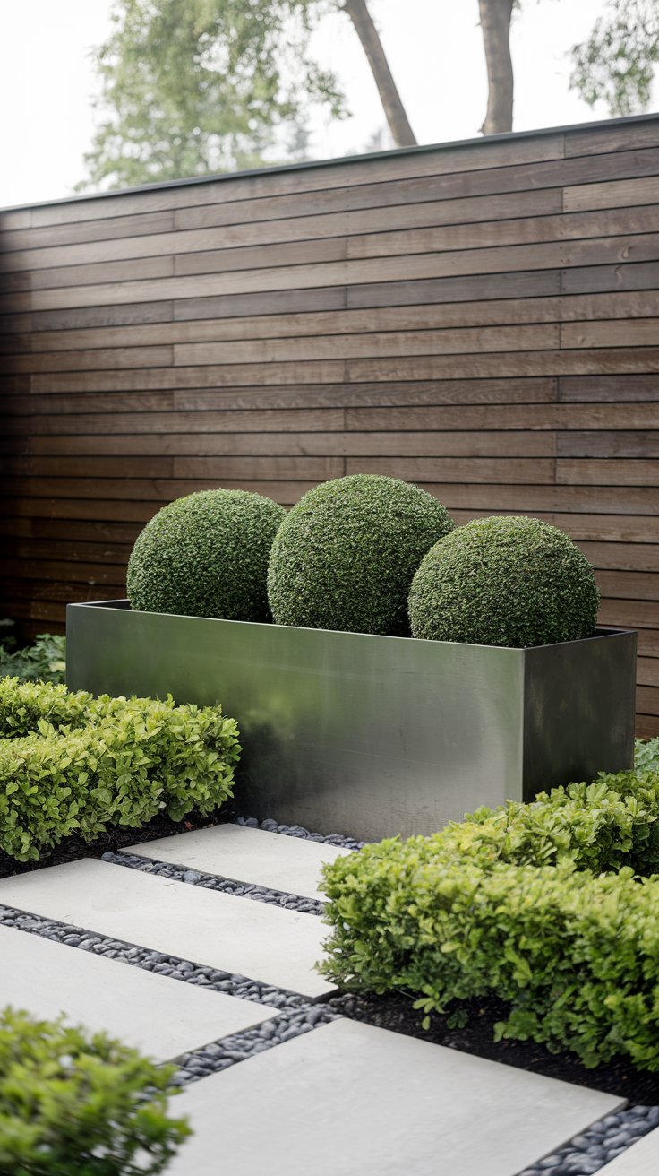 A sleek garden path with square stepping stones, surrounded by minimalist greenery. A modern metal planter holds neatly trimmed shrubs, adding to the geometric feel. A sleek garden path with square stepping stones, surrounded by minimalist greenery. A modern metal planter holds neatly trimmed shrubs, adding to the geometric feel.