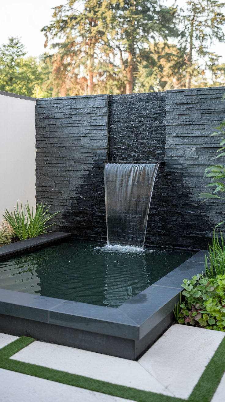 A modern water feature with a black stone wall and a cascading waterfall flowing into a sleek, rectangular pond surrounded by greenery. A modern water feature with a black stone wall and a cascading waterfall flowing into a sleek, rectangular pond surrounded by greenery.