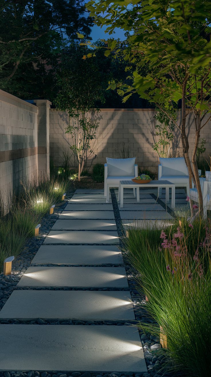A nighttime garden scene with soft LED lights illuminating a stone pathway, modern patio furniture, and accent lighting on plants and walls. A nighttime garden scene with soft LED lights illuminating a stone pathway, modern patio furniture, and accent lighting on plants and walls.