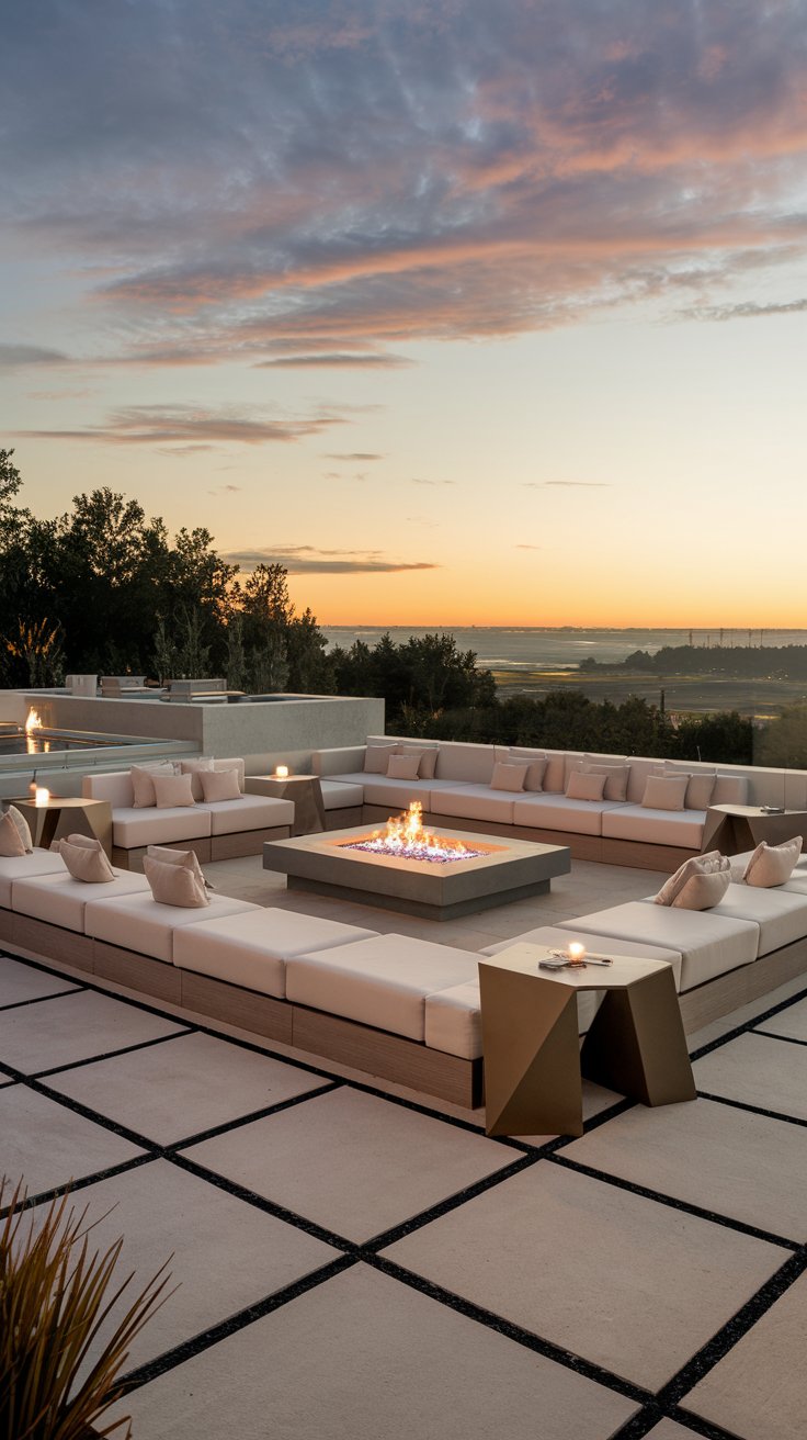 A modern outdoor lounge area with a low-profile sectional sofa, a fire pit, and geometric side tables, all in a neutral color scheme. A modern outdoor lounge area with a low-profile sectional sofa, a fire pit, and geometric side tables, all in a neutral color scheme.