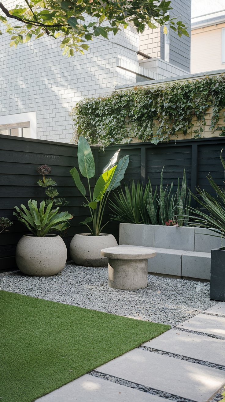 A sleek backyard with a small patch of artificial turf, a gravel seating area, and large potted plants in concrete planters. A sleek backyard with a small patch of artificial turf, a gravel seating area, and large potted plants in concrete planters.