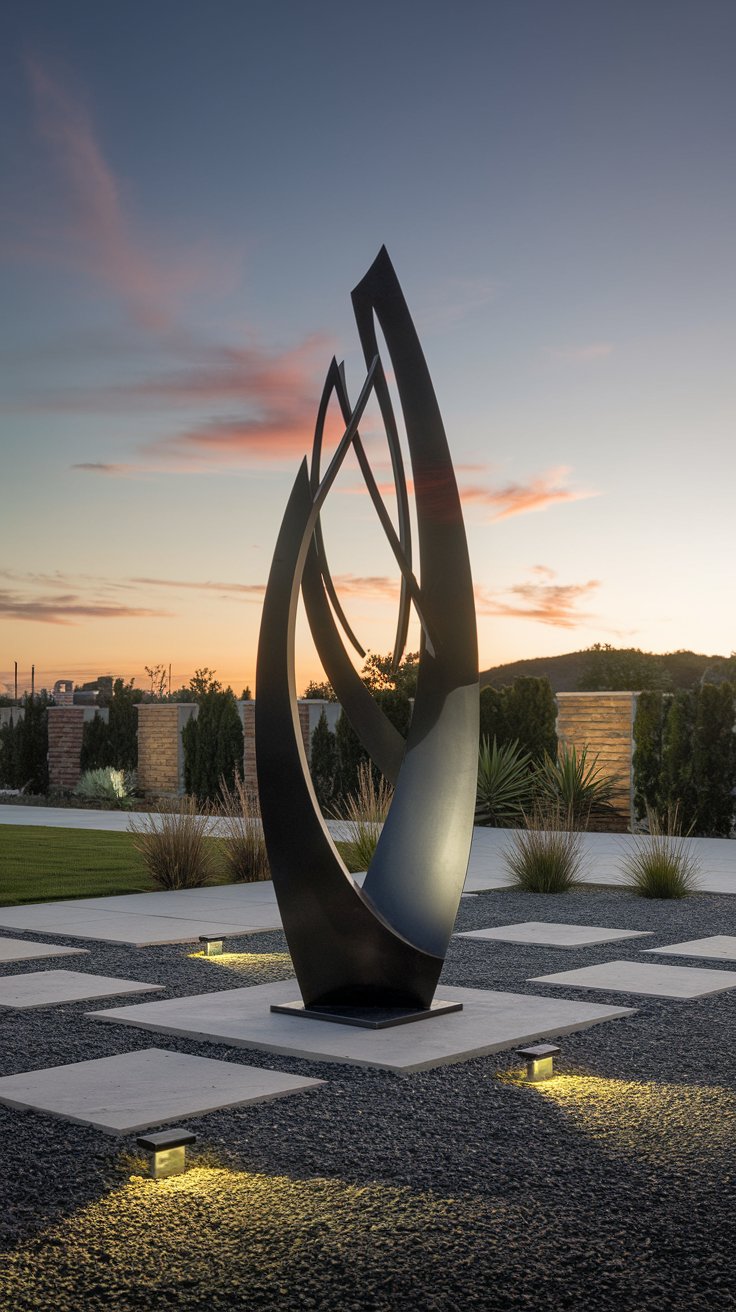 A sleek outdoor sculpture made of black metal, standing in a minimalist gravel garden with small LED spotlights. A sleek outdoor sculpture made of black metal, standing in a minimalist gravel garden with small LED spotlights.