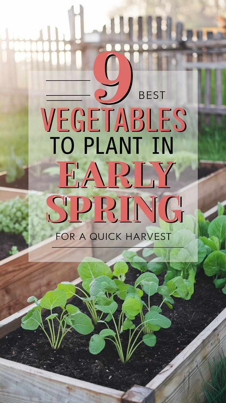 A bright and eye-catching early spring garden scene featuring raised garden beds filled with fresh green seedlings and young vegetable plants. The background has soft morning sunlight and a rustic wooden fence for a cozy, homestead feel.