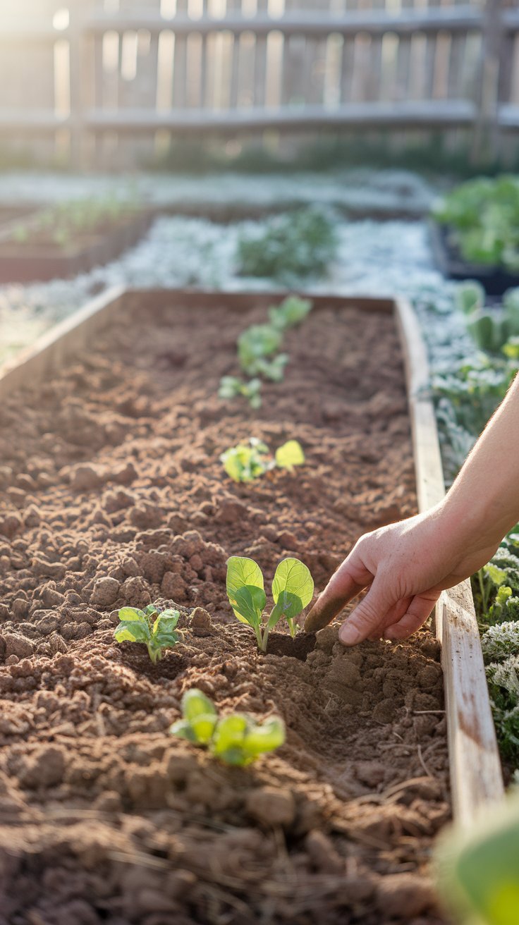A picturesque early spring garden with freshly tilled soil and small green seedlings sprouting. Soft morning sunlight filters through, casting a warm glow over the garden beds. A gardener’s hand is seen gently planting a young vegetable seedling, symbolizing the start of a new growing season. The background features a rustic wooden fence and a hint of frost melting away, representing the transition from winter to spring. The overall feel is fresh, hopeful, and inspiring for early-season planting.