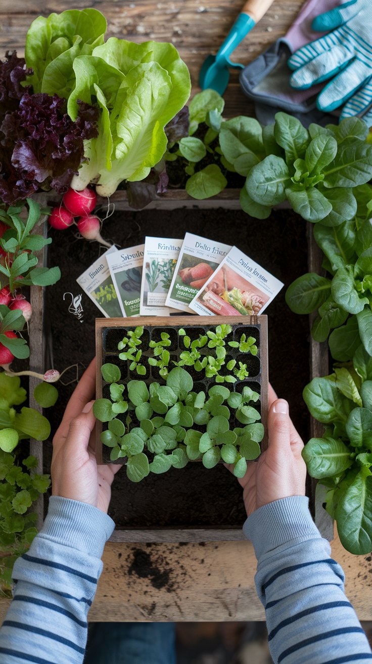 A top-down view of a gardener’s hands holding a wooden seed tray filled with labeled seed packets and small vegetable seedlings. Surrounding the tray are a variety of early spring vegetable plants such as lettuce, radishes, and spinach, ready for planting. The background features a rustic gardening table with soil, gloves, and a small trowel. Soft natural lighting highlights the freshness of the plants, creating a warm and inviting atmosphere.