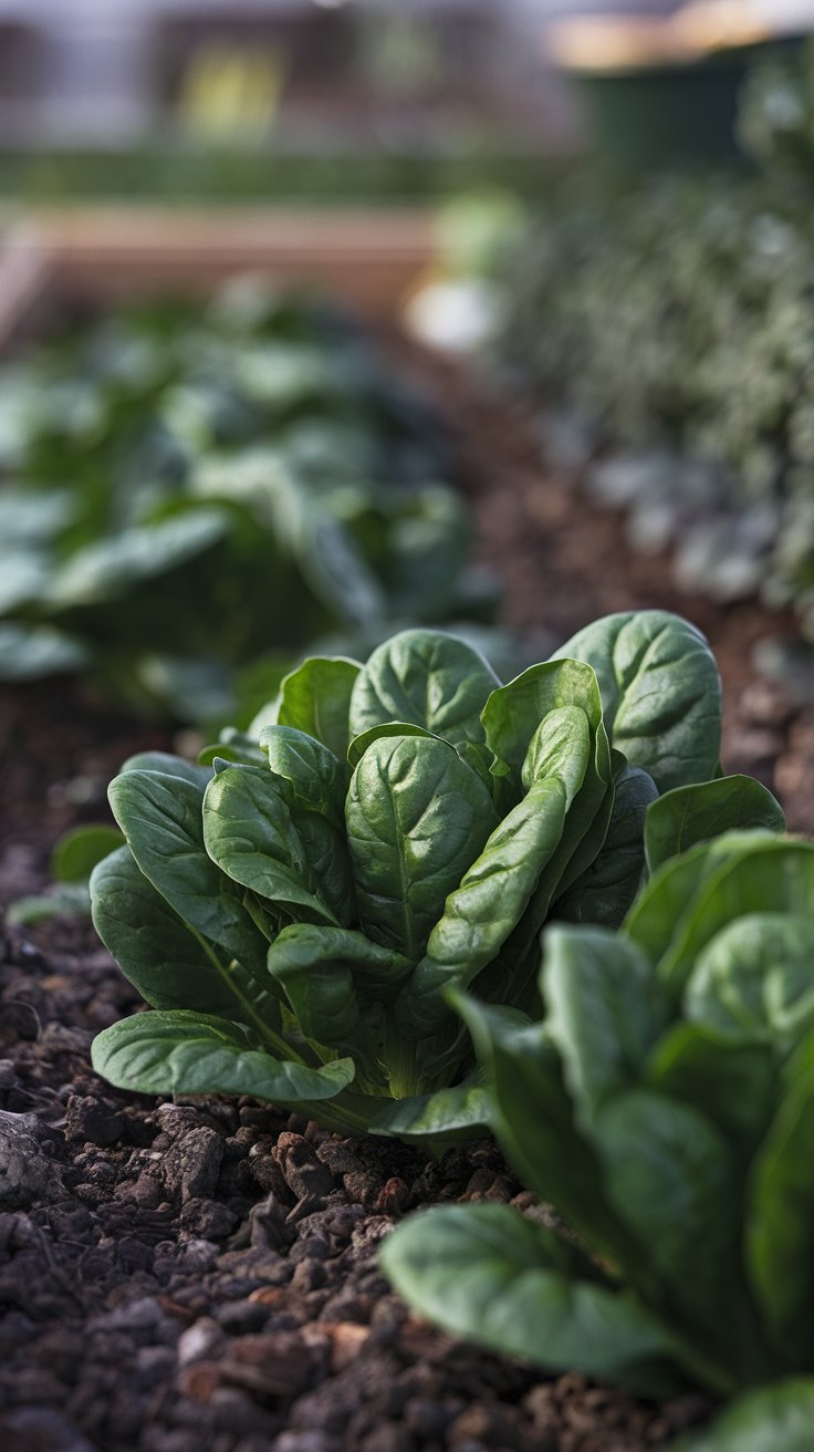 A close-up of vibrant green spinach leaves growing in rich, dark soil. The leaves are crisp and slightly dewy, reflecting the cool early spring morning light. In the background, a blurred view of other leafy greens and a garden bed adds depth. The scene captures the freshness and resilience of spinach as it thrives in cool weather.