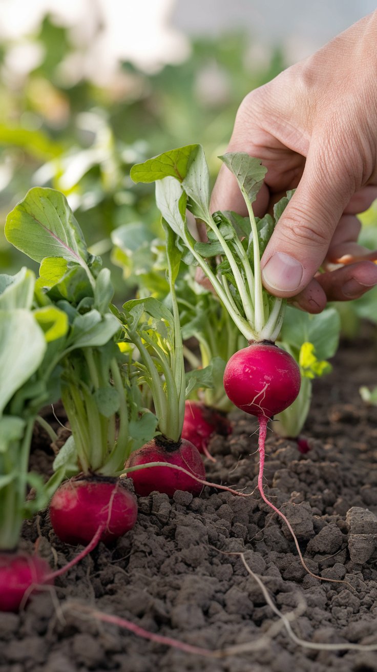 A close-up of bright red radishes partially emerging from rich, dark soil, with their leafy green tops reaching upward. A gardener’s hand gently pulls one from the ground, revealing its vibrant color and smooth texture. The background is softly blurred, showing a garden bed filled with more radish plants. Soft morning light highlights the freshness and fast growth of these beginner-friendly vegetables.