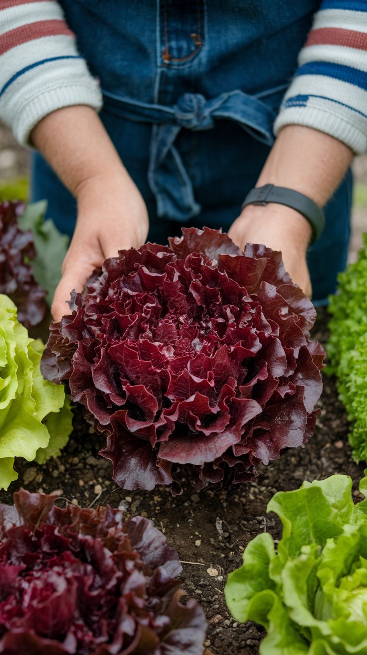 A lush garden bed filled with vibrant green lettuce heads in various stages of growth. The leaves are crisp, slightly ruffled, and glistening with morning dew. Sunlight filters through, casting a warm glow on the fresh greens. In the background, a gardener’s hand gently harvests a few leaves, emphasizing how quickly lettuce grows and how easily it can be picked for fresh meals.