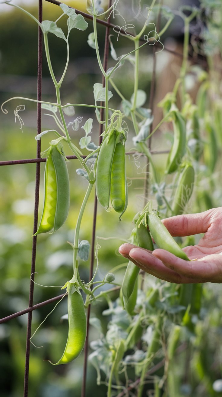A close-up of pea vines with delicate, light green tendrils climbing up a rustic trellis. Bright, plump pea pods hang from the vines, ready to be harvested. Soft sunlight filters through, highlighting the vibrant green of the peas against the backdrop of a well-tended garden. The image captures the fresh, sweet essence of peas as a delightful springtime treat, with a few harvested pods in a gardener's hand.