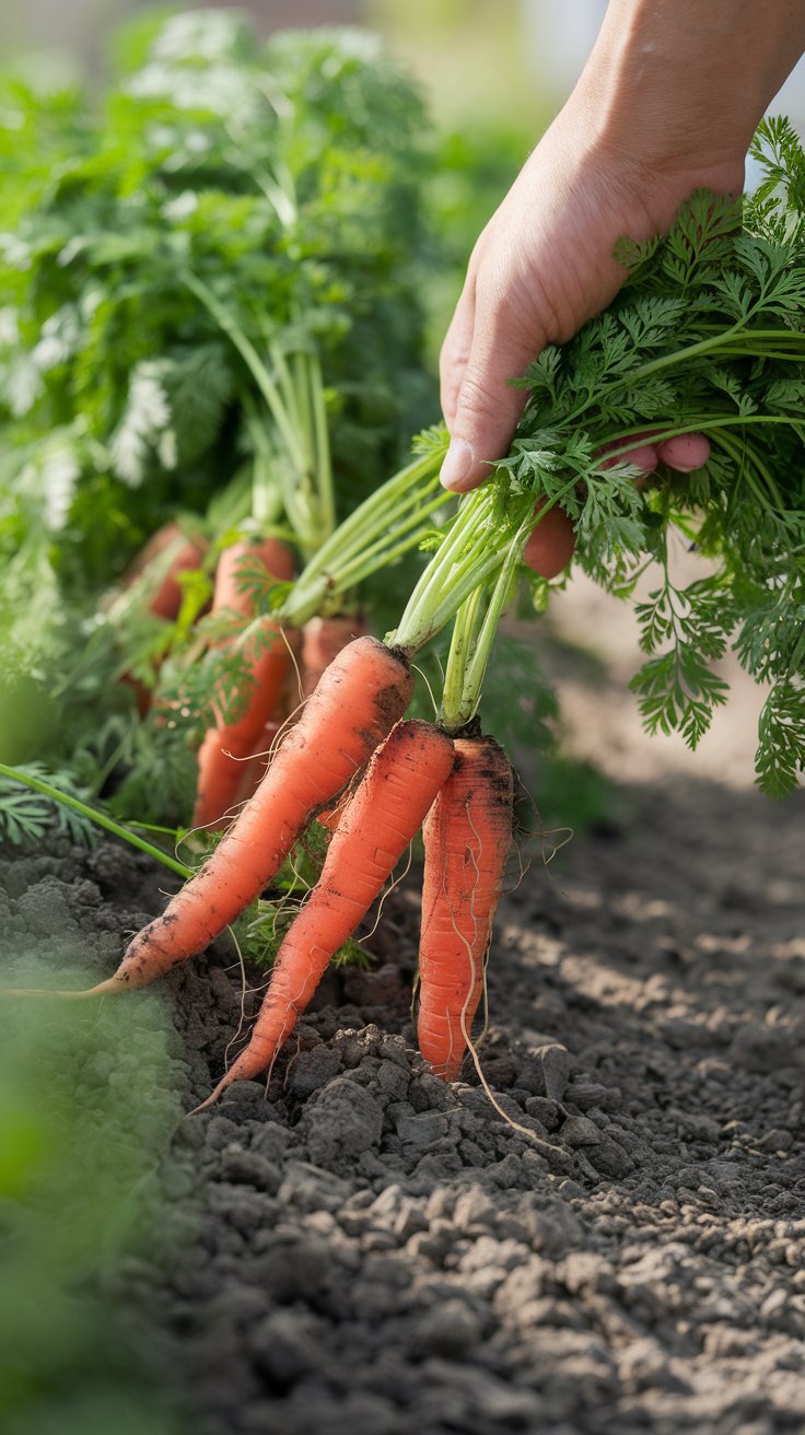 A close-up of freshly harvested carrots with their bright orange roots peeking out from the soil. A gardener’s hand gently pulls a carrot from the ground, revealing its crisp, vibrant color. The leafy green tops sway above the soil, adding texture to the scene. The background is softly blurred, showcasing a well-organized garden bed filled with healthy carrot plants. Soft sunlight accentuates the freshness and nutritional appeal of the carrots.