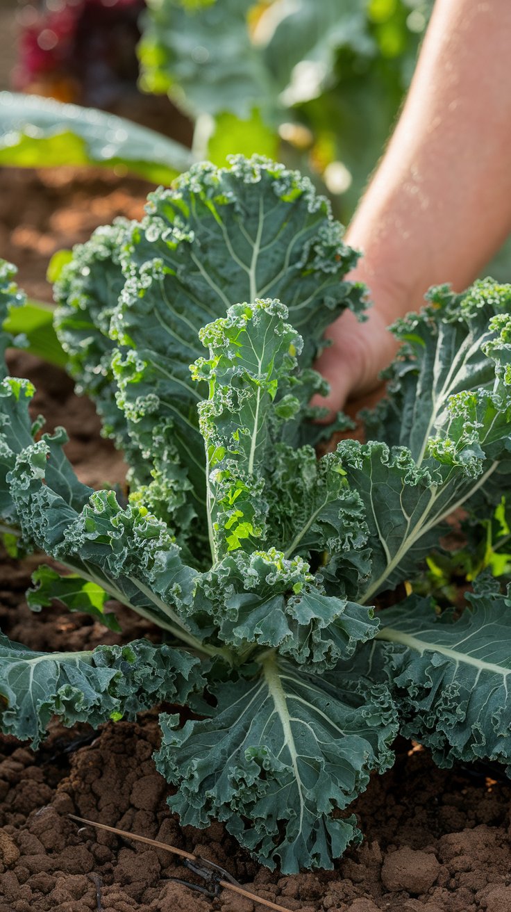 A close-up of vibrant green kale leaves with curly edges, growing robustly in rich soil. The dark green leaves glisten with morning dew, showcasing their hardiness. The background features a garden bed with other leafy greens, and soft sunlight filters through, casting a warm glow on the kale. A gardener’s hand is gently harvesting a few leaves, highlighting the nutrient-dense quality and resilience of kale.