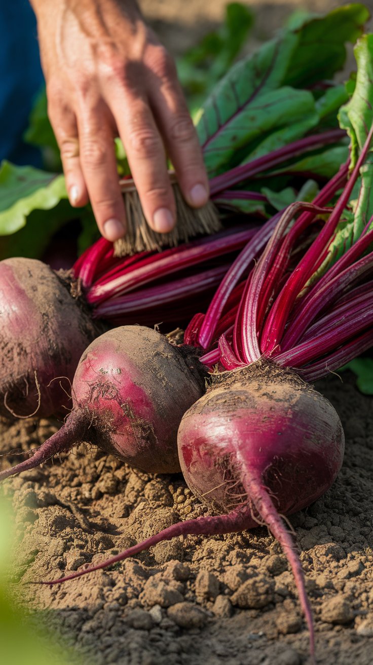 A close-up of freshly pulled beets with their deep red roots and bright green leafy tops. The beets are slightly covered in soil, emphasizing their earthy flavor. A gardener’s hand gently brushes the dirt off a beet, revealing its vibrant color. The background features a garden bed with other beet plants, and soft sunlight casts a warm glow, highlighting the beets' bold, rich tones and the freshness of the harvest.
