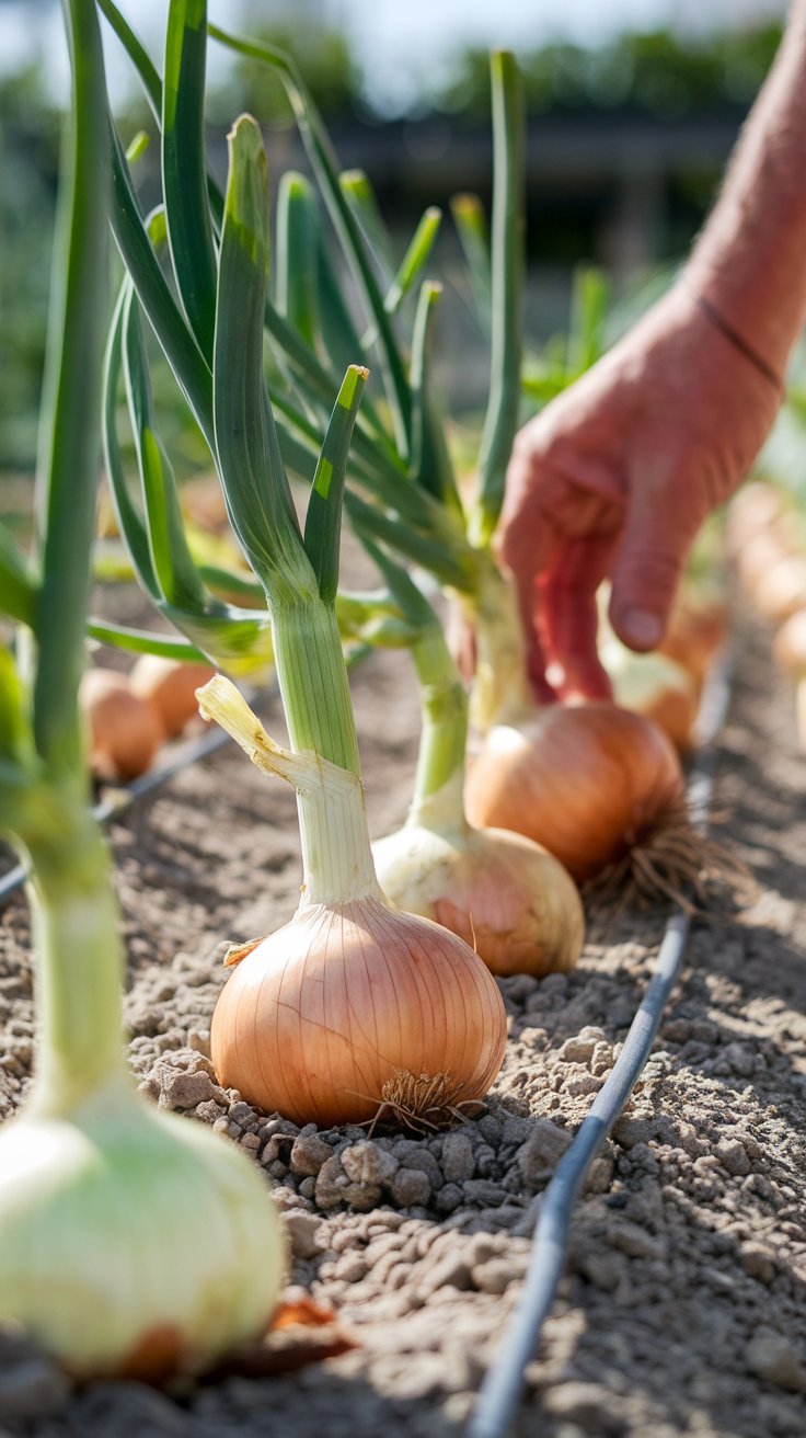 A close-up of onions growing in a well-tended garden bed with their green tops standing tall above the soil. Some onions are partially visible in the soil, showing their white, bulbous shapes. Soft morning sunlight bathes the onions, highlighting their freshness and flavor. In the background, a gardener’s hand is gently pulling up an onion, revealing its rich layers and adding to the visual appeal of the harvest.