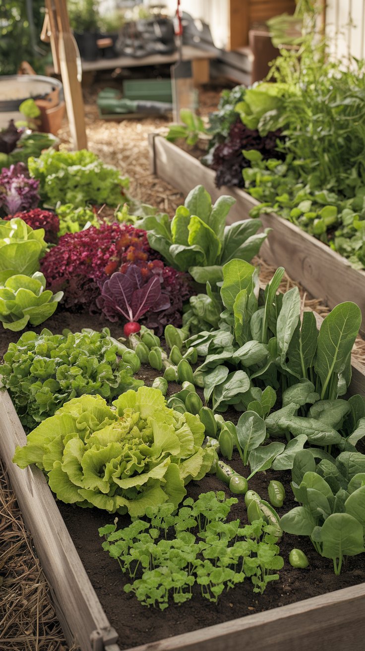 A vibrant and inviting garden scene showing a variety of early spring vegetables sprouting from well-tilled soil. Raised garden beds are filled with an assortment of vegetables like lettuce, radishes, spinach, and peas, all growing in harmony. Soft morning sunlight illuminates the garden, casting a warm glow over the plants. The scene conveys a sense of freshness and the promise of a bountiful early harvest, with garden tools and a cozy, homestead atmosphere in the background.