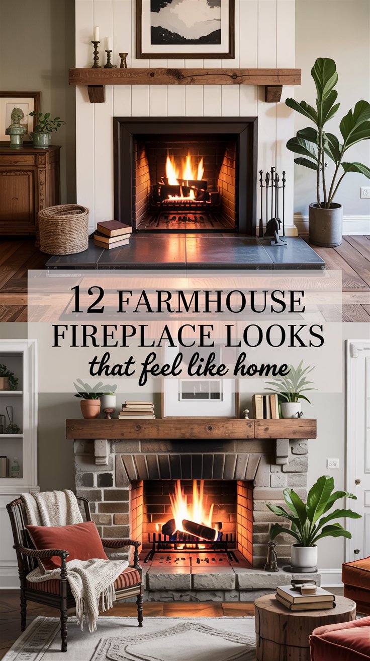 Shiplap fireplace with black metal insert Stone hearth with wood beam mantel Fireplace styled with books, plants, and candlesticks Cozy chair with a knit throw near a glowing fire Shiplap fireplace with black metal insert Stone hearth with wood beam mantel Fireplace styled with books, plants, and candlesticks Cozy chair with a knit throw near a glowing fire