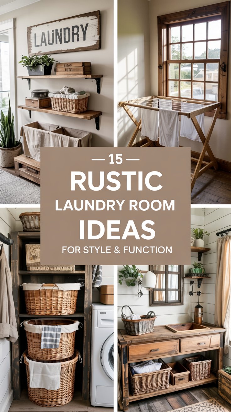 Top Left: Vintage laundry sign and rustic shelves Top Right: Wooden drying rack in front of a farmhouse window Bottom Left: Laundry baskets stacked by a DIY storage cabinet Bottom Right: Rustic countertop with farmhouse decor accents Top Left: Vintage laundry sign and rustic shelves Top Right: Wooden drying rack in front of a farmhouse window Bottom Left: Laundry baskets stacked by a DIY storage cabinet Bottom Right: Rustic countertop with farmhouse decor accents