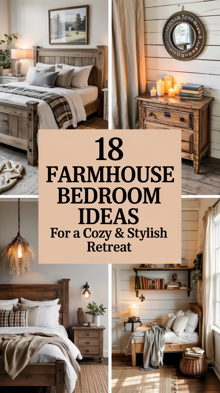 Top Left: Rustic wood bed with plaid quilt Top Right: Vintage nightstand with books and candles Bottom Left: Soft pendant light glowing over a farmhouse bed Bottom Right: A cozy reading nook in a farmhouse-style corner Top Left: Rustic wood bed with plaid quilt Top Right: Vintage nightstand with books and candles Bottom Left: Soft pendant light glowing over a farmhouse bed Bottom Right: A cozy reading nook in a farmhouse-style corner