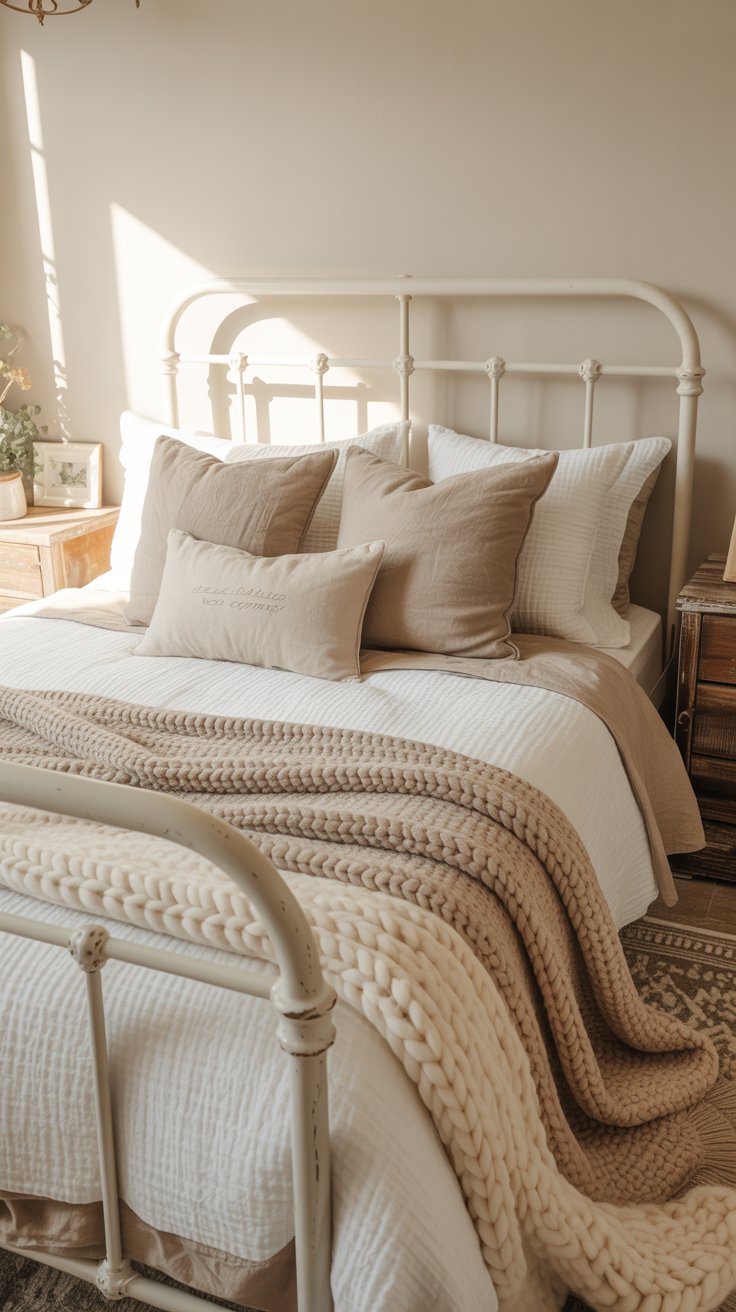 Cozy farmhouse bedroom with a white vintage-style metal bed frame, neutral cream bedding, an ivory chunky knit throw blanket, linen pillows, rustic wood nightstands, soft natural sunlight, and warm sage and blush accents