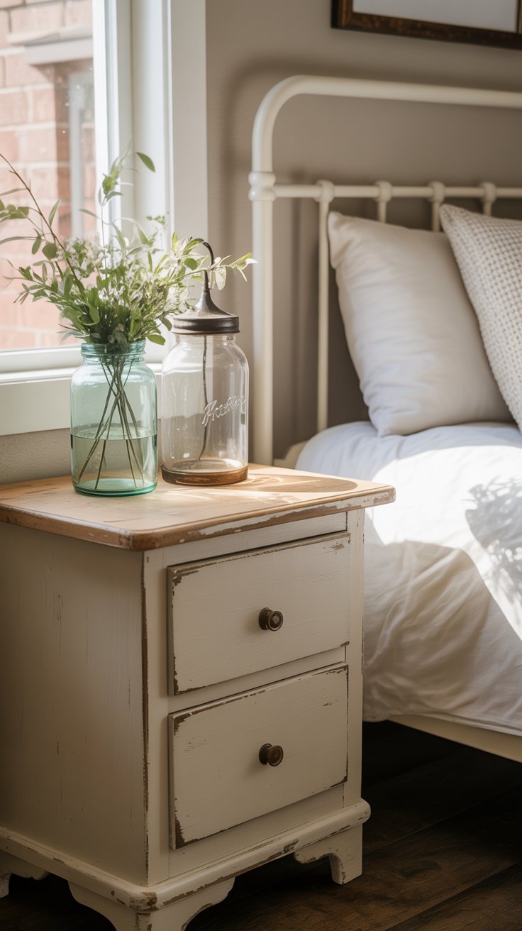 Distressed white vintage nightstand with a farmhouse jar lamp and mason jar vase beside a white metal bed frame in a cozy farmhouse bedroom.