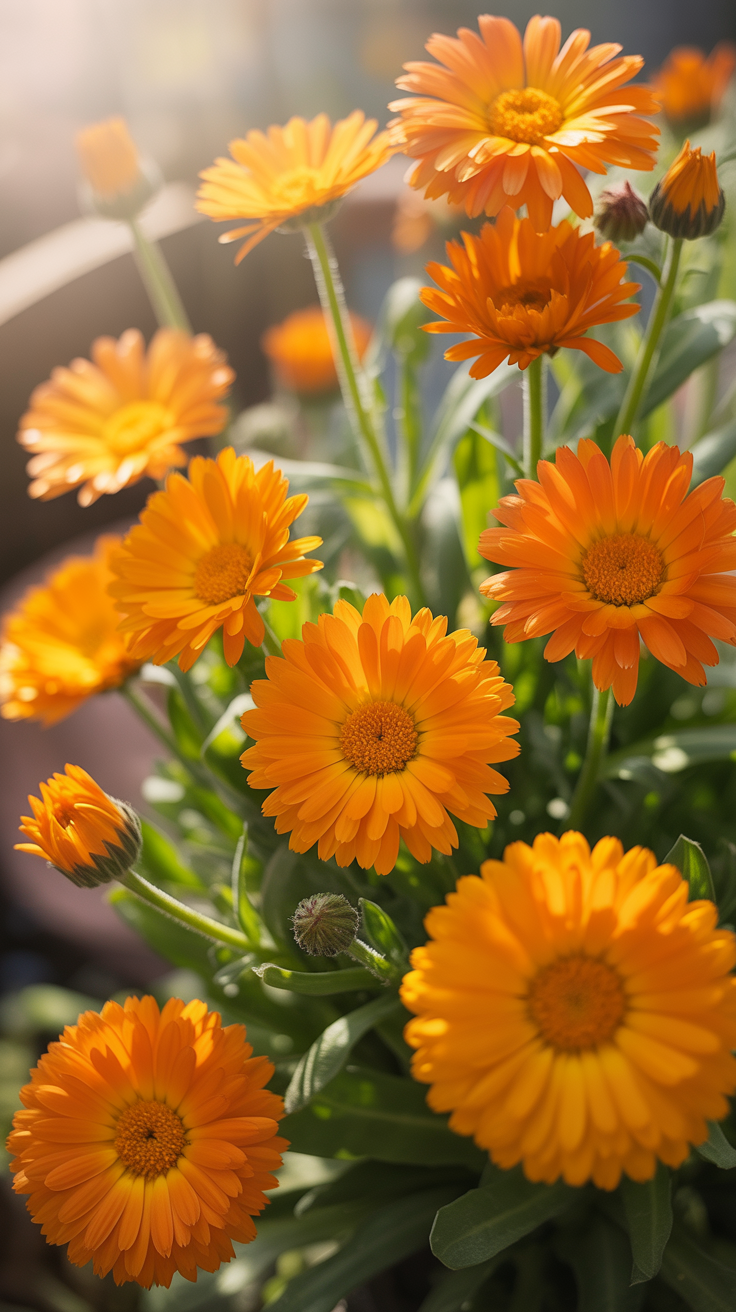 Bright orange calendula flowers glowing in the sunshine, cheerful and beginner-friendly.