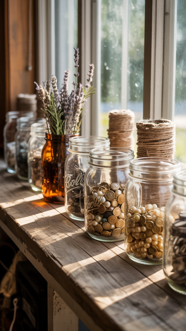 A windowsill lined with clear mason jars, each filled with dried herbs, old buttons, or bundles of string.